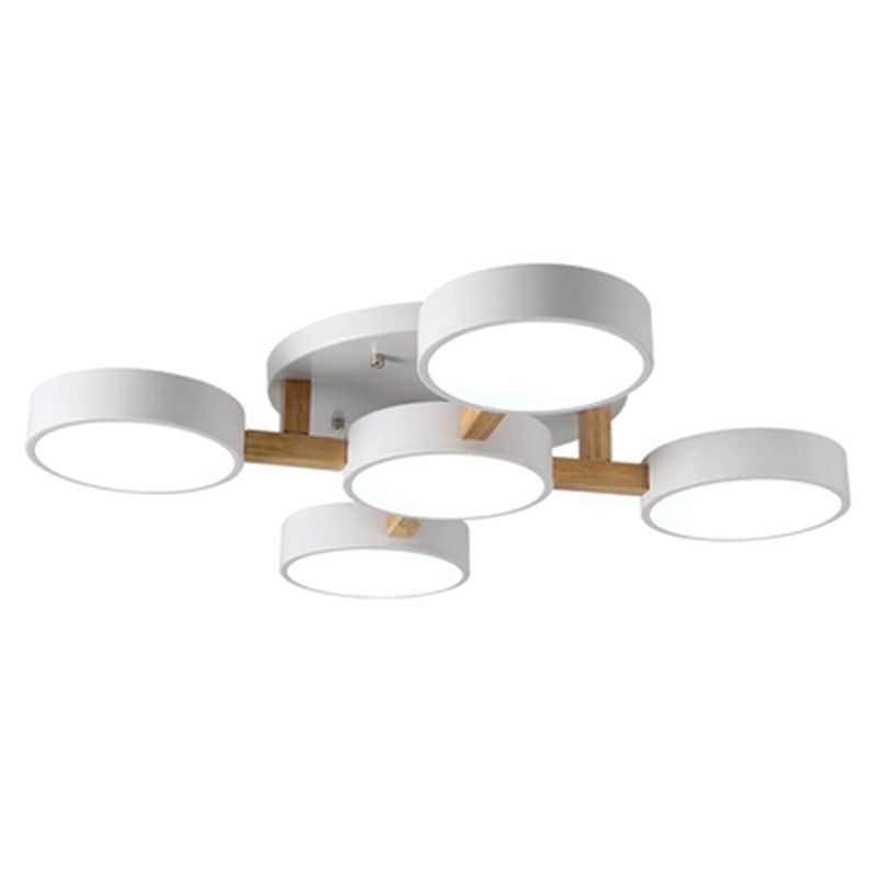 LED Nordic Creative Semi Flush Mount Ceiling Light Circle Shade Wooden Ceiling Mounted Light for Bedroom