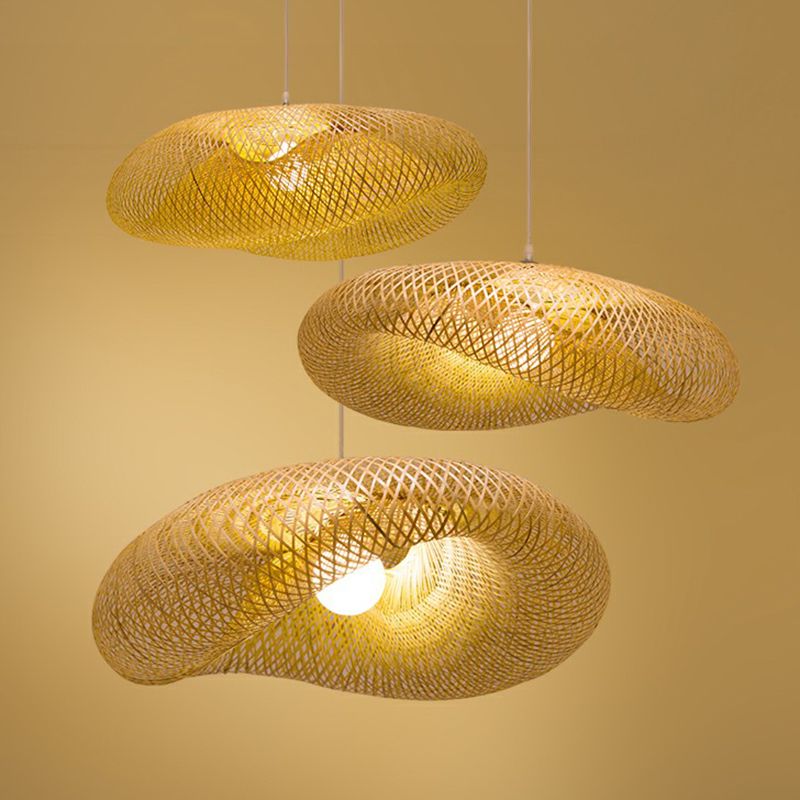 Beige Geometric Hanging Pendant Light Asia 1-Light Bamboo Suspension Lighting Fixture