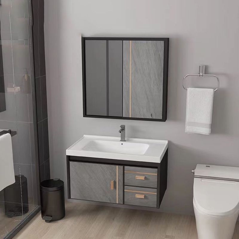 2 Doors Bathroom Vanity Grey Mirror Ceramic Top Wall Mount Vanity Set with Single Sink