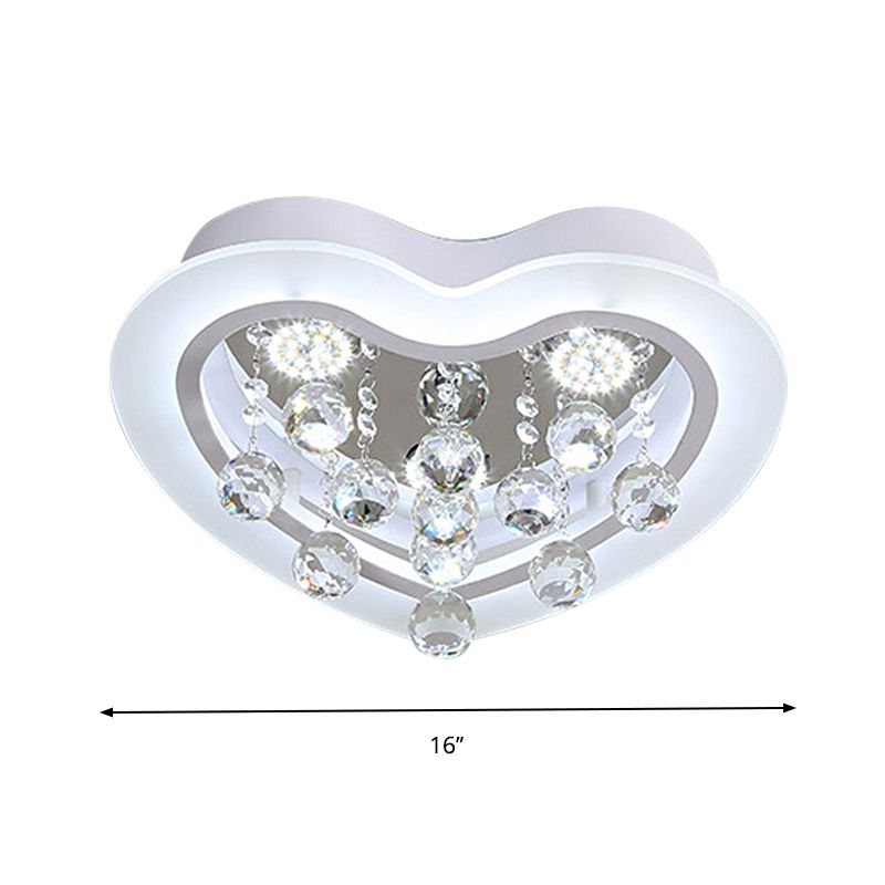 16"/19.5" W Acrylic Heart Flush Light Fixture Minimalism LED Bedroom Ceiling Lighting in White with Crystal Orb