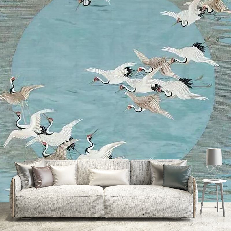 Asia Inspired Wild Crane Mural for Living Room, Custom-Printed Wall Art in Blue and Grey