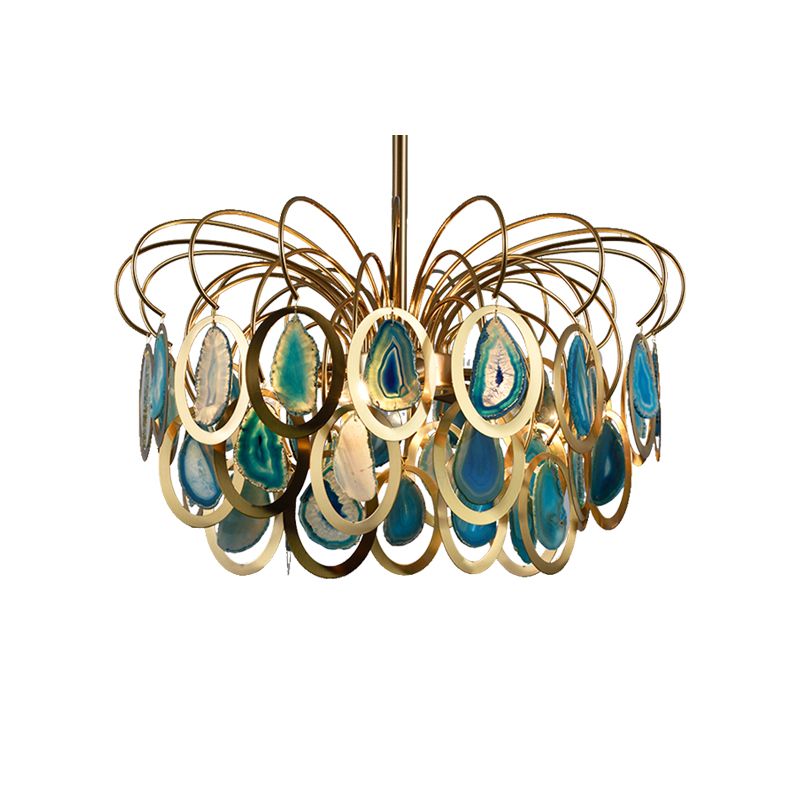 Péon vert plume lustre Light moderne plafond de fer à 5 têtes Pendentif suspendu avec agates