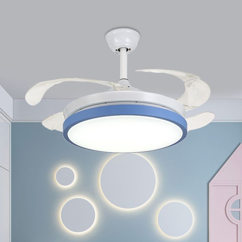 Circular Acrylic Semi Flush Ceiling Lamp Modern Pink/Blue/Yellow 42.5" W LED Hanging Pendant Fan Light for Bedroom with 4 Clear Blades