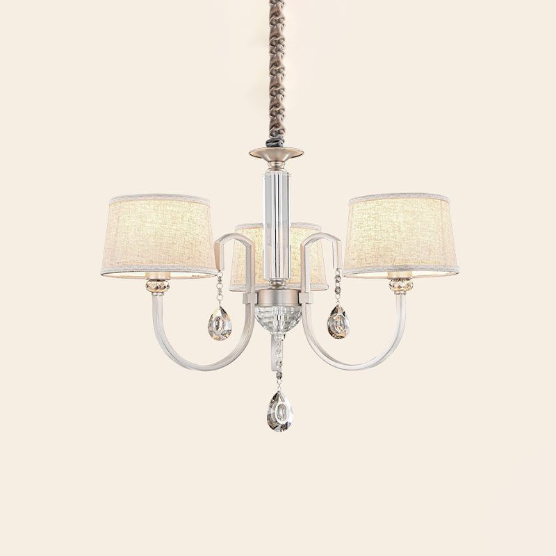 Nickel Swoop Arm Hanging Chandelier Modern 3/6 Lights Metal Drop Lamp with Flaxen Fabric Shade and K9 Crystal Decor