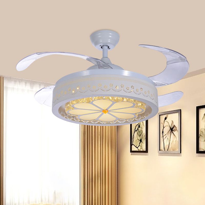 Flower Crystal Ceiling Fan Lighting Modern LED Living Room Semi Flush Light in White with 4 Clear Blades, 42" Wide