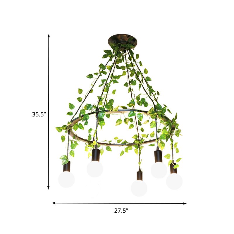 Bare Bulb Restaurant Cluster Pendant Industrial Metal 6 Bulbs Black Ceiling Lamp with Plant Decor