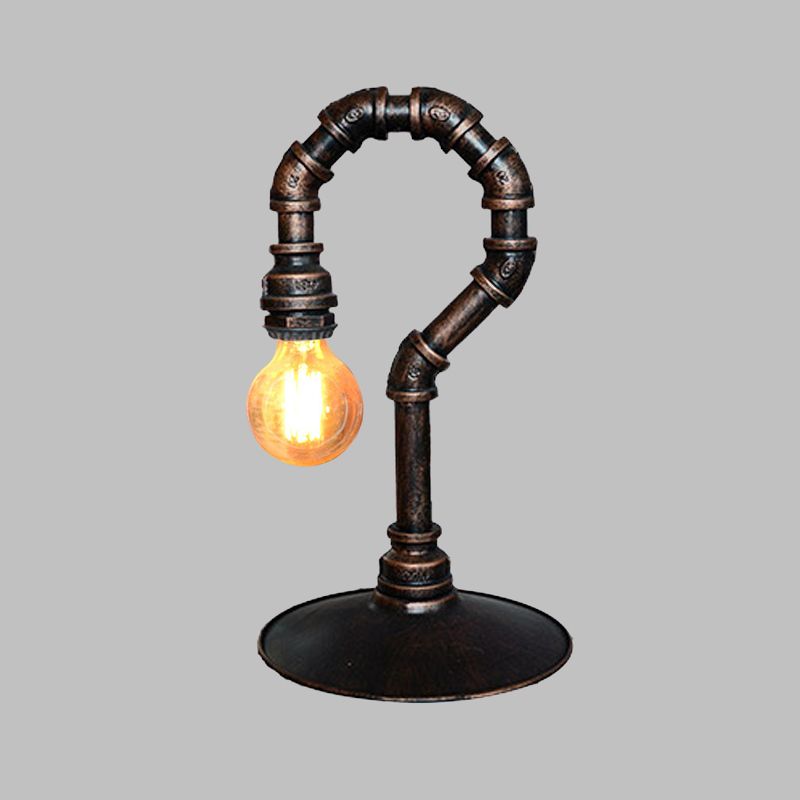 1 Light Small Desk Lighting Antiqued Hook Pipe Iron Nightstand Lamp in Rust for Bar