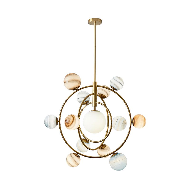 Gold Orbit Chandelier Light Fixture Modernism 13 Lights Metal Hanging Lamp Kit with Ball Glass Shade