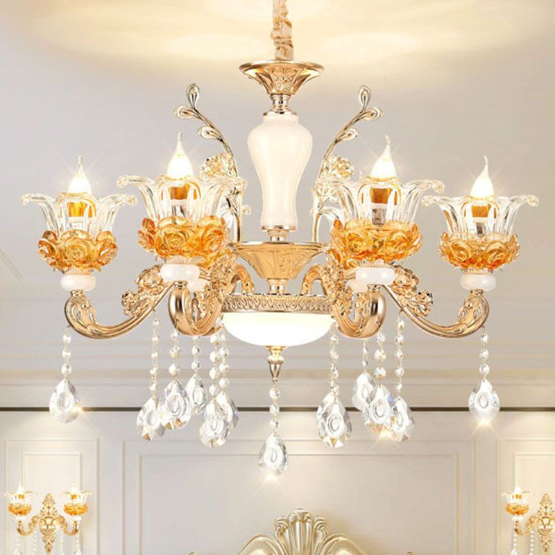 Living Room Chandelier Lamp Simple Gold Suspension Light Fixture with Floral Clear Glass Shade