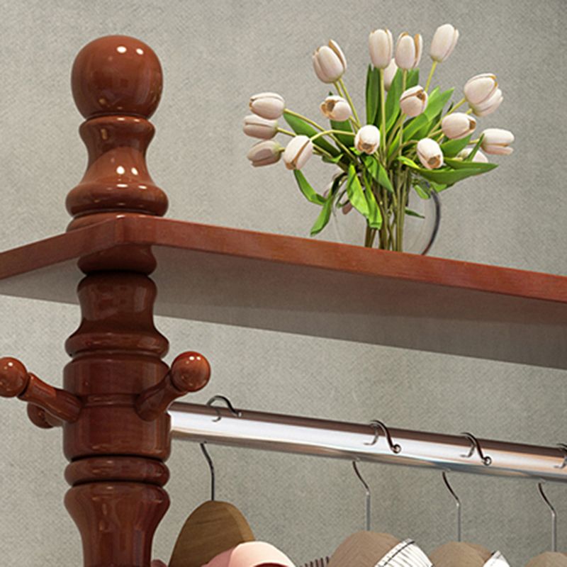 Traditional Solid Wood Coat Hanger Free Standing Coat Rack with Storage Shelving