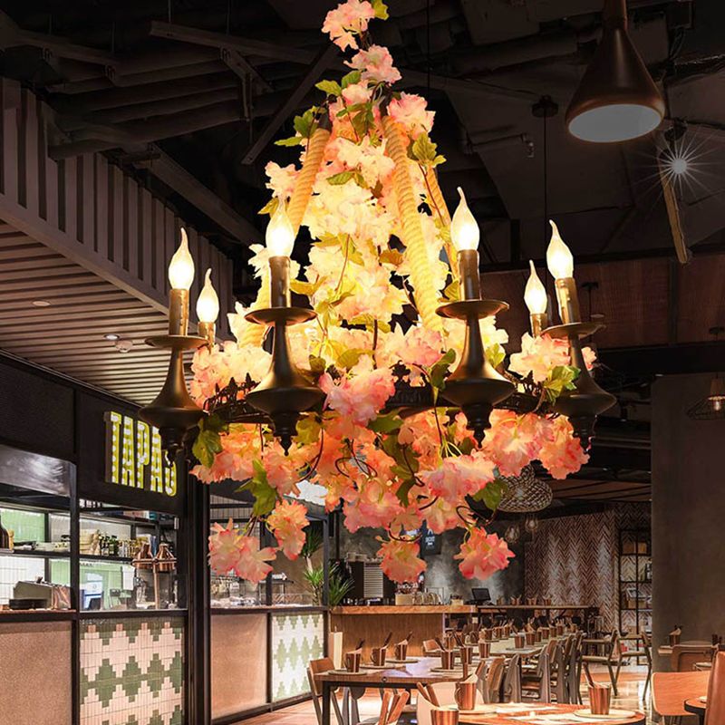 Metallkerze Kronleuchter Leuchte Antiquitäten 6 Köpfe Restaurant LED -Pendellampe in Pink mit Kirschblüte