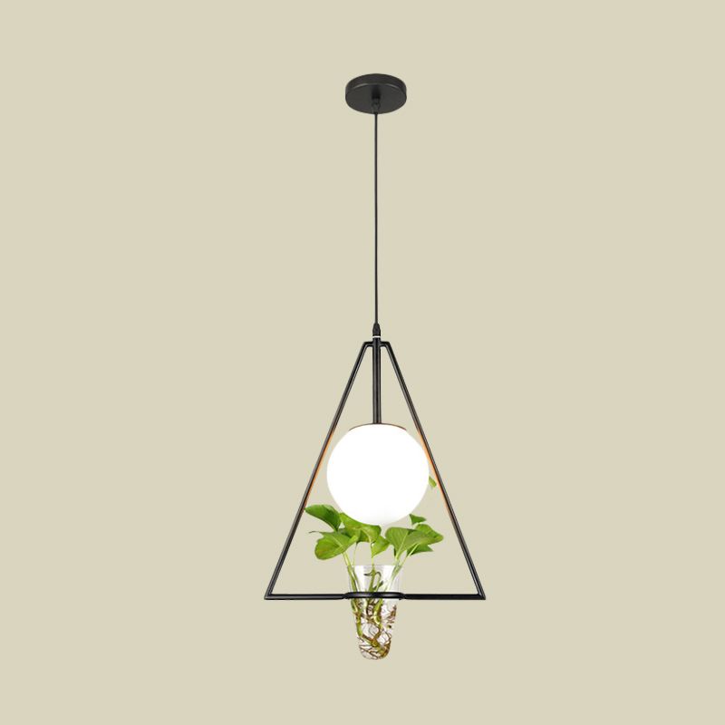 White Glass Globe Down Lighting Industrial 1-Light Restaurant Pendant in Black/Grey/Gold with Triangle Cage and Plant Pot