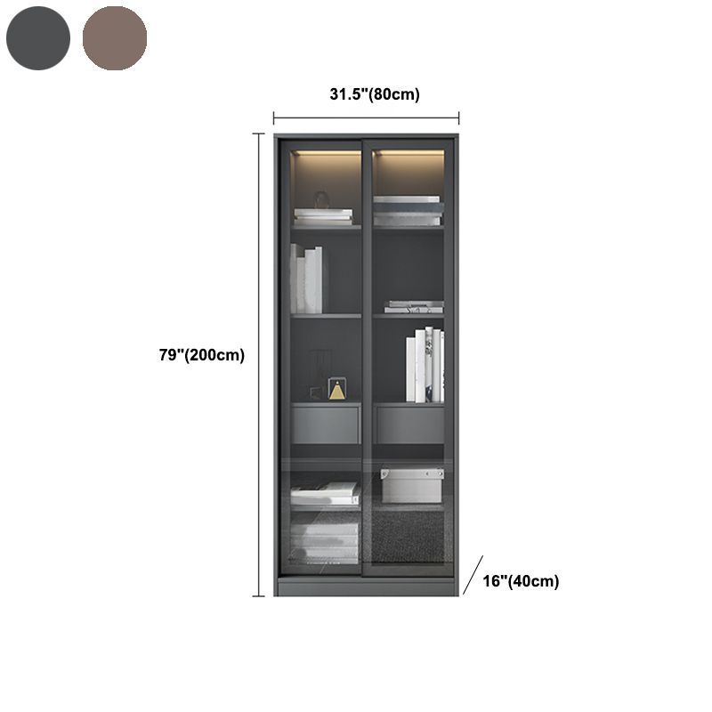 Faux Wood Modern Storage Cabinet Glass Sliding Doors Display Cabinet for Living Room