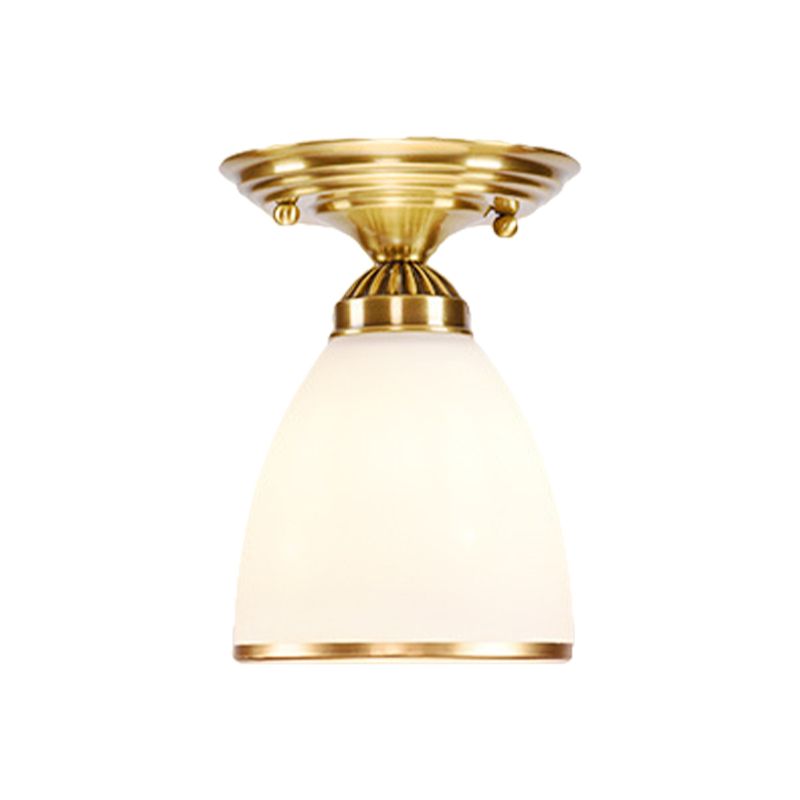 Globe / Cone White Glass Flush Mount Lamp Classic 1 Light Corridor Ceiling Lighting in Brass