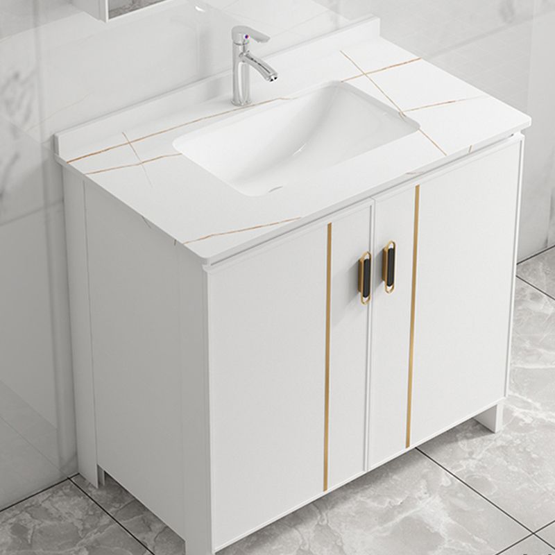 Single Sink Vanity Set White Mirror 2 Doors Freestanding Metal Frame Vanity