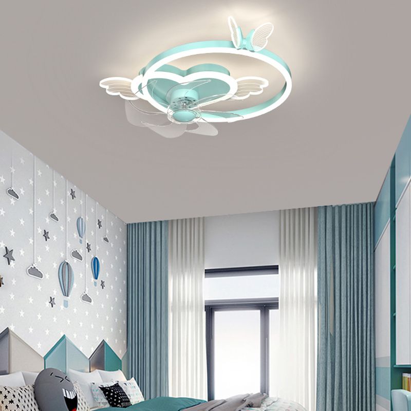 Remote Control Heart Shaped Acrylic Fan Lamp Cartoon LED Semi Flush Ceiling Light for Kids Room