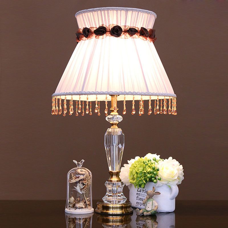 1 Light Fabric Nightstand Light Minimalism Light Purple Pleated Shade Bedroom Night Lamp with Crystal Draping