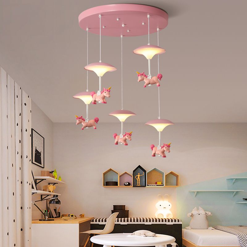 Mushroom Shade Bedroom Multi Pendant Metal LED Kid Ceiling Pendant with Unicorn Deco, Pink