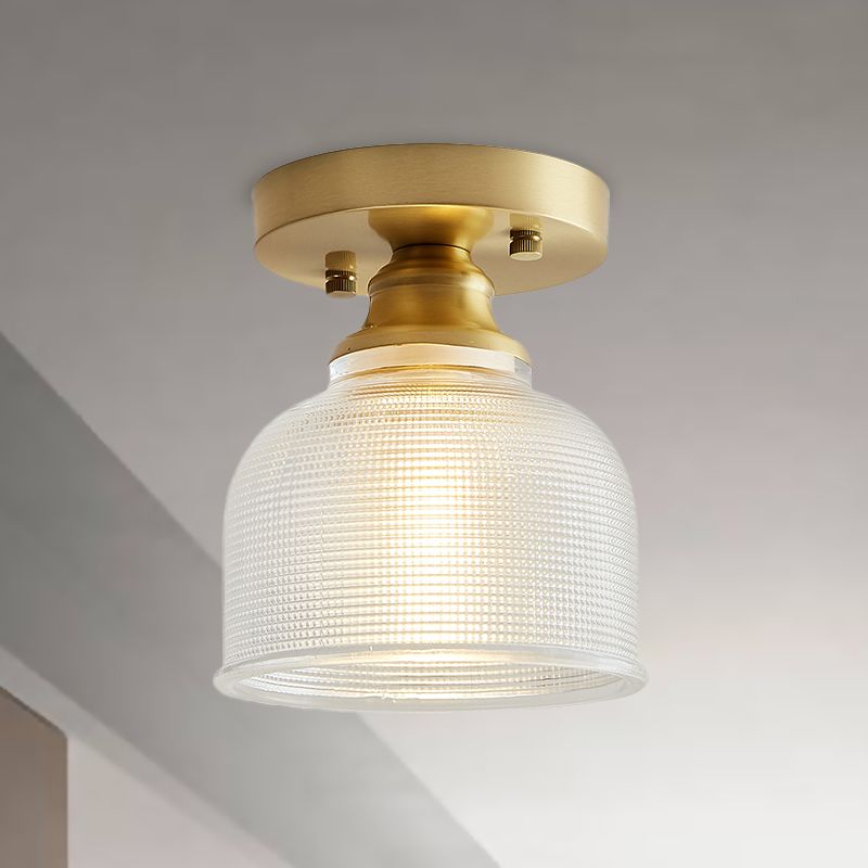 One Light Dome Semi Flush Light Industrial Brass Prismatic Glass Lighting Fixture for Living Room