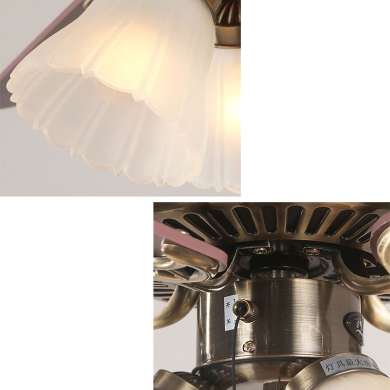 Lampada per ventola a sospensione di tonalità floreale in ottone a 5 pala classico vetro gelo 3 lampadine da soggiorno semifulto, 42,5 "w