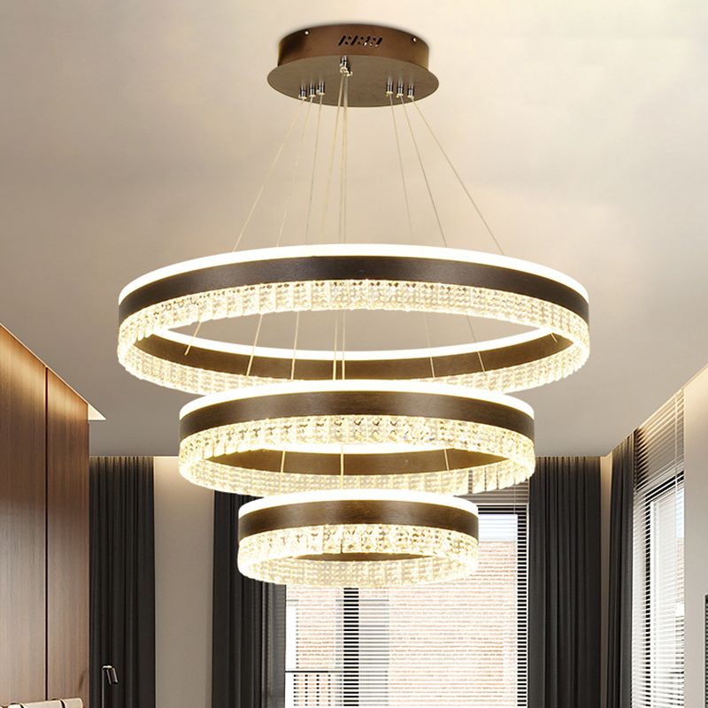 Black 3 Tiers Pendant Lighting Contemporary Crystal Block LED Ceiling Chandelier in Warm/White/3 Color Light