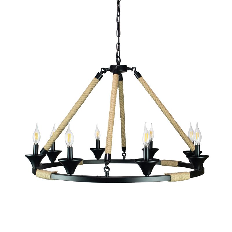 Candle Metal Chandelier Lighting Farmhouse 8 Lights Living Room Hanging Ceiling Light in Black