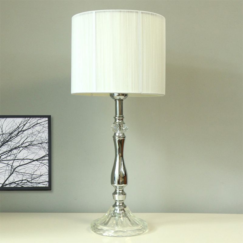 Barrel Shade Desk Light Modern Fabric 1 Head Chrome Night Table Lamp for Bedroom