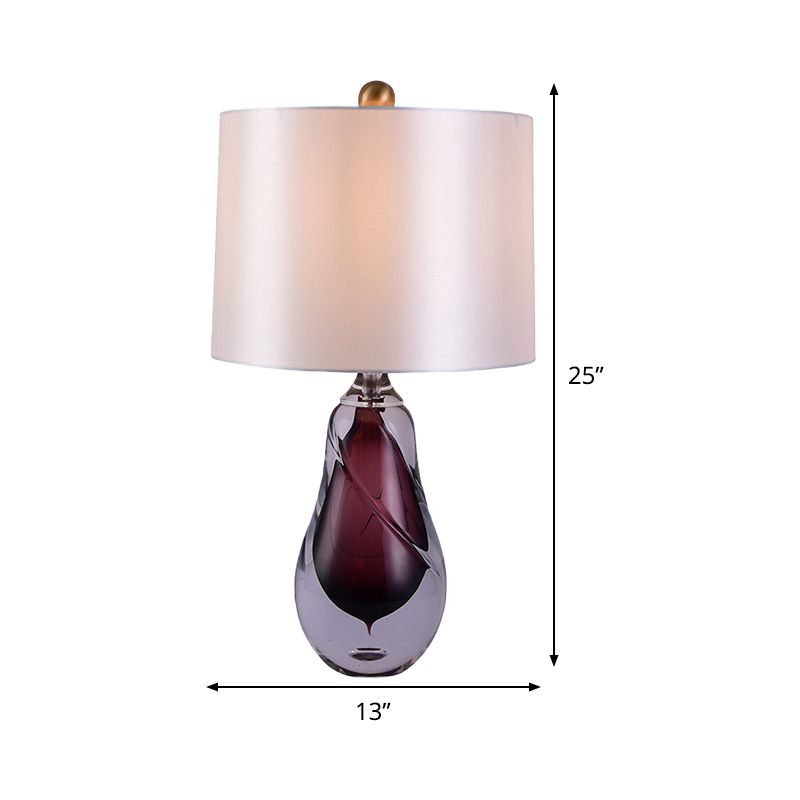 Fabric Drum Table Light Contemporary 1 Head White Small Desk Lamp with Teardrop Red Glazed Crystal Base