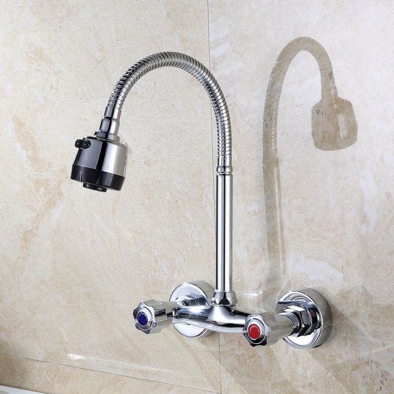 Contemporary Two Handles Kitchen Faucet Pull-down Metal Wall-mounted Faucet