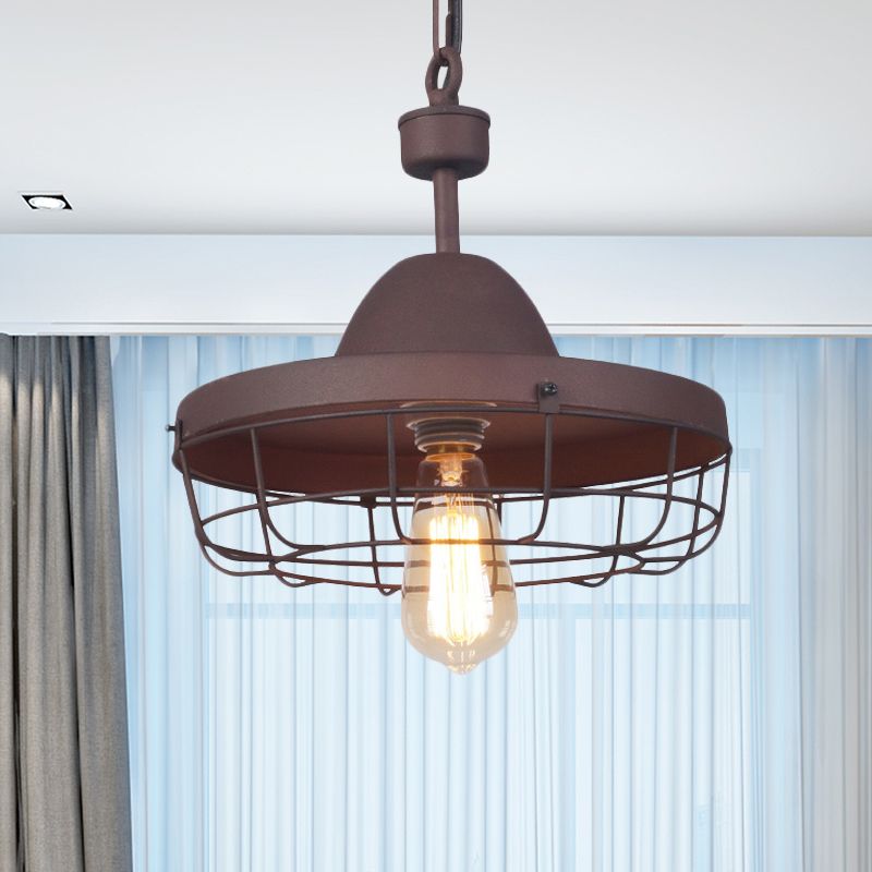 Rust 1 Light Pendant Lighting Antiqued Metal Barn Shade Suspension Lamp with Cage