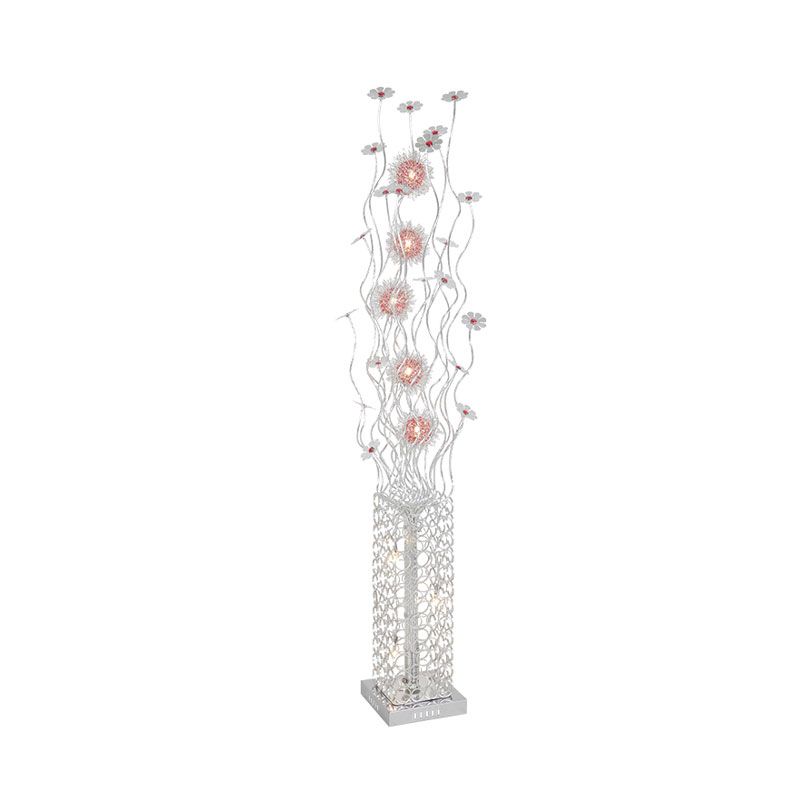 Cuboid Metallic Stand Up Lamp Decorative  Living Room LED Floor Lighting with Floret Design in Silver, Warm/White Light