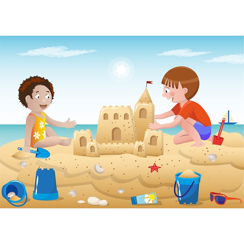 Cartoon Seaside Beach Pattern Mural Horizontal Version Moisture Resistant for Wall Decoration