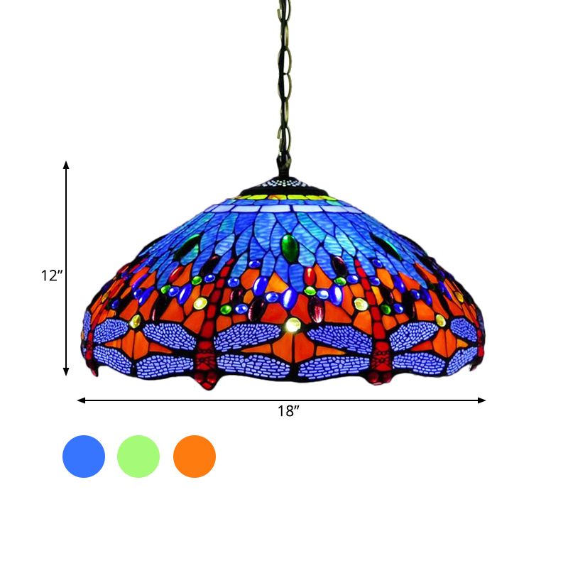 Tiffany Dragonfly Chandelier Lightture 3 lumières 3 LICTES ORANGE / BLEU / VERRE GREU