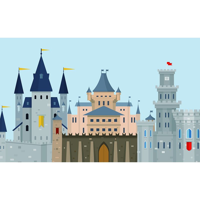 Blue Castle Mural Wallpaper Building Cartoon Waterproofing Wall Art for Kids Room