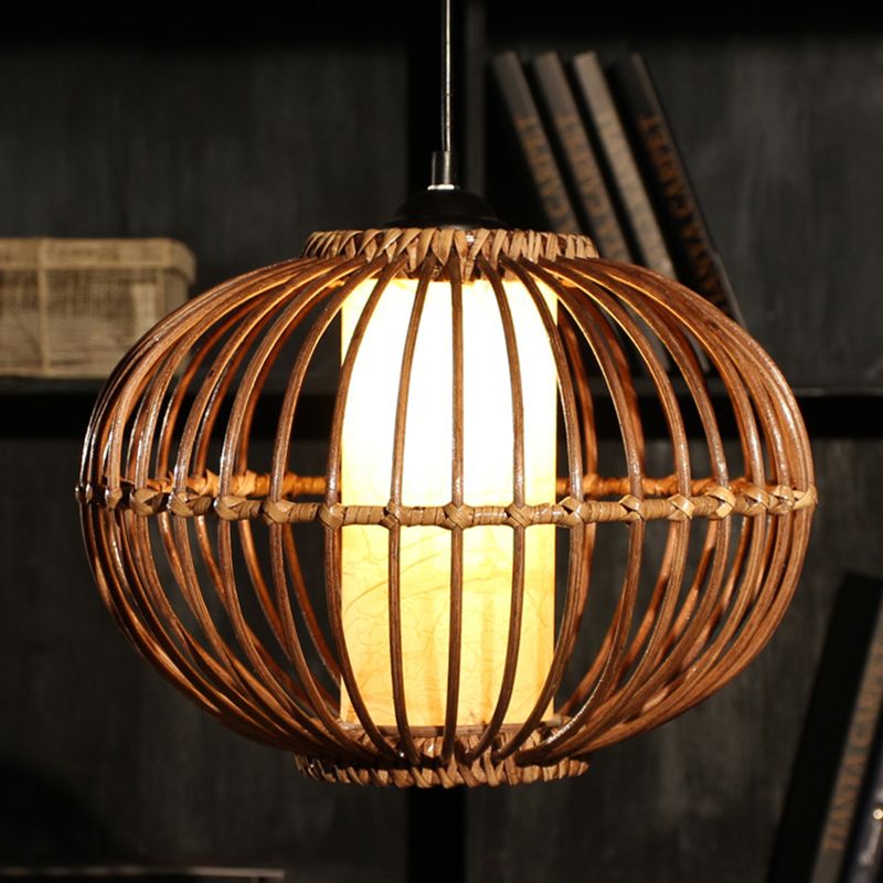 Bamboo Lantern Affermazione del soffitto Asian 1 Bulb Marrone Apparecchio di illuminazione a sospensione con tonalità di pergamena del cilindro interno