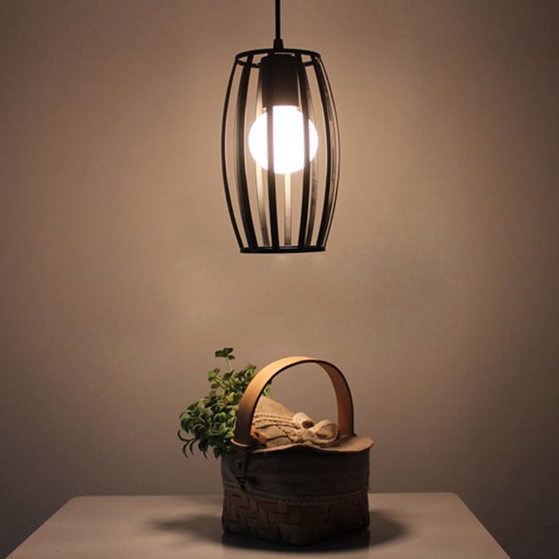 Black Barrel Shaped Hanging Lighting Industrial Bistro Cage Suspension Pendant Lamp