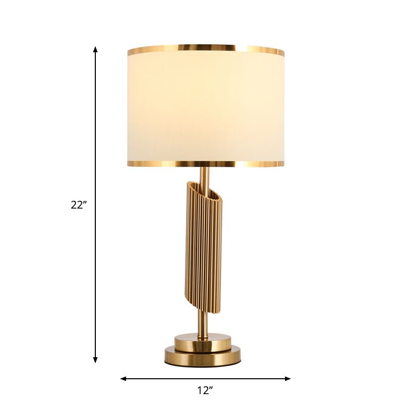 Fabric Barrel Table Lighting Classic 1-Light Parlor Night Lamp with Bevel-Cut Cylinder Base in Brass