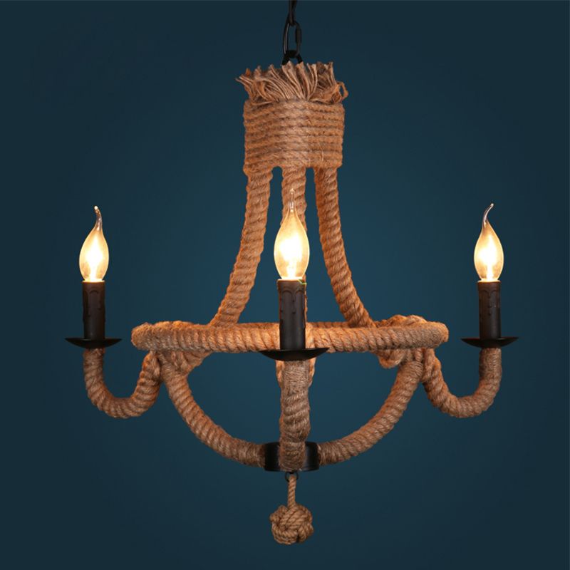 3 Lights Candle Chandelier Light Country Style Black Metal Ceiling Pendant Light with Rope Detail