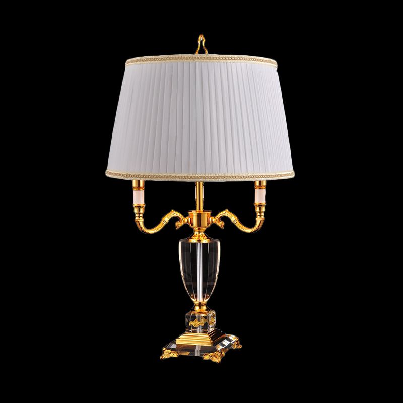 White Drum Shade Desk Light Modern 1 Head Fabric Night Table Lamp with Square Crystal Pedestal