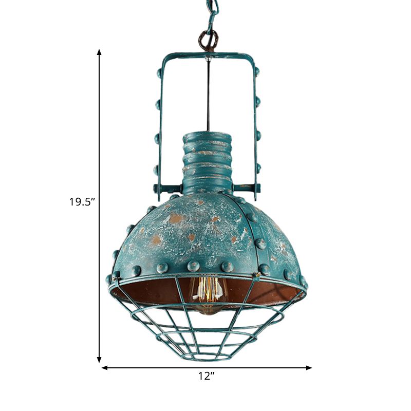 Wire Cage Metallic Down Lighting Rustic 1 Bulb Dining Room Handle Drop Pendant Lamp in Blue-Green