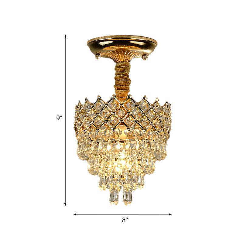 4 Tiers Crystal Droplet Ceiling Lamp Traditional 1-Light Sitting Room Semi Flush Mount Lighting with Gold Crown Top