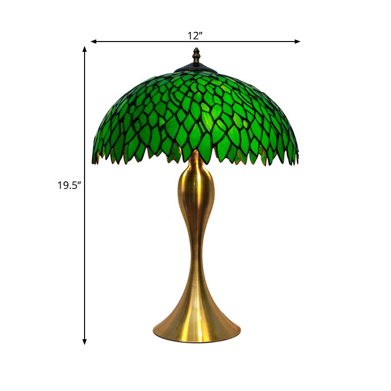 1 Light Leaf Dome Nightstand Lamp Tiffany Green Handcrafted Stained Glass Table Lighting