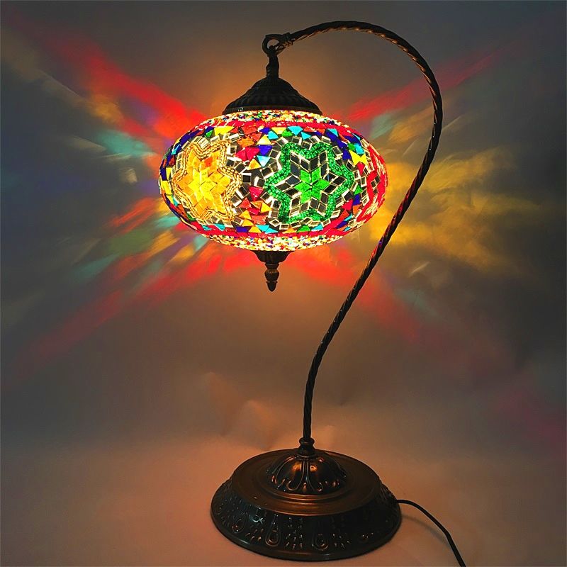 Decorative Oblong Night Light Single Head Stained Art Glass Table Lamp with Curved Arm in Yellow/Blue/Green