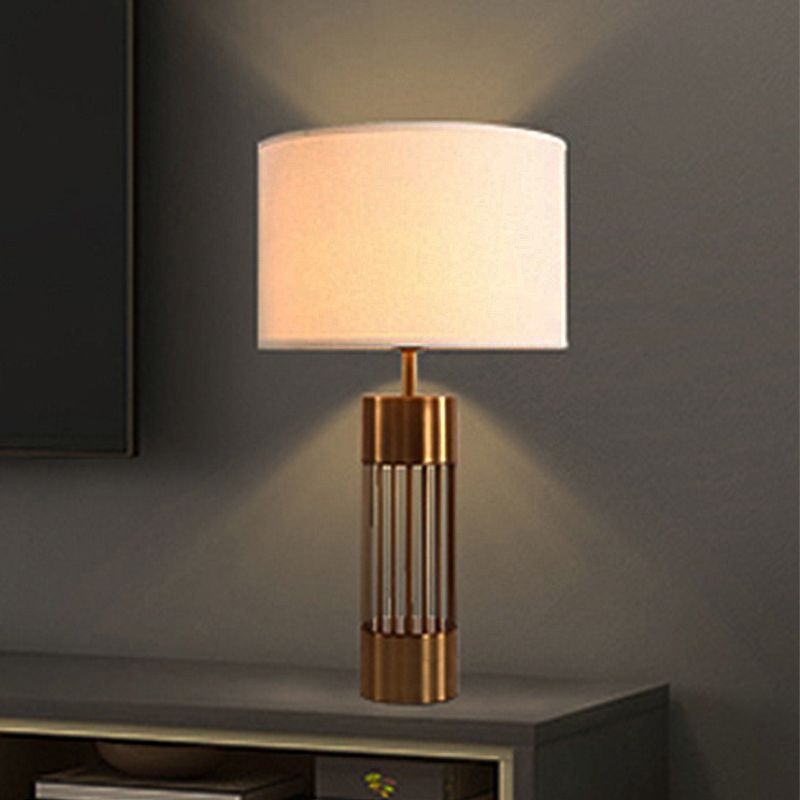 Drum Fabric Desk Lamp Traditional 1 Light Bedroom Reading Light in Brass with Cylinder Base