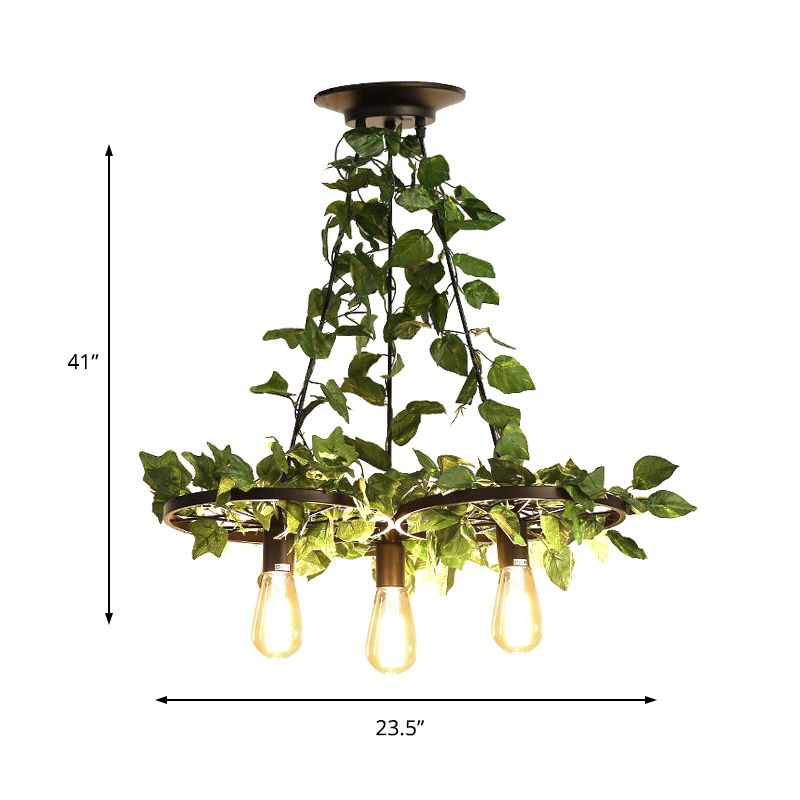 3/6 Heads Plant Ceiling Chandelier with Bare Bulb Metal Industrial Restaurant LED Pendant Light in Green