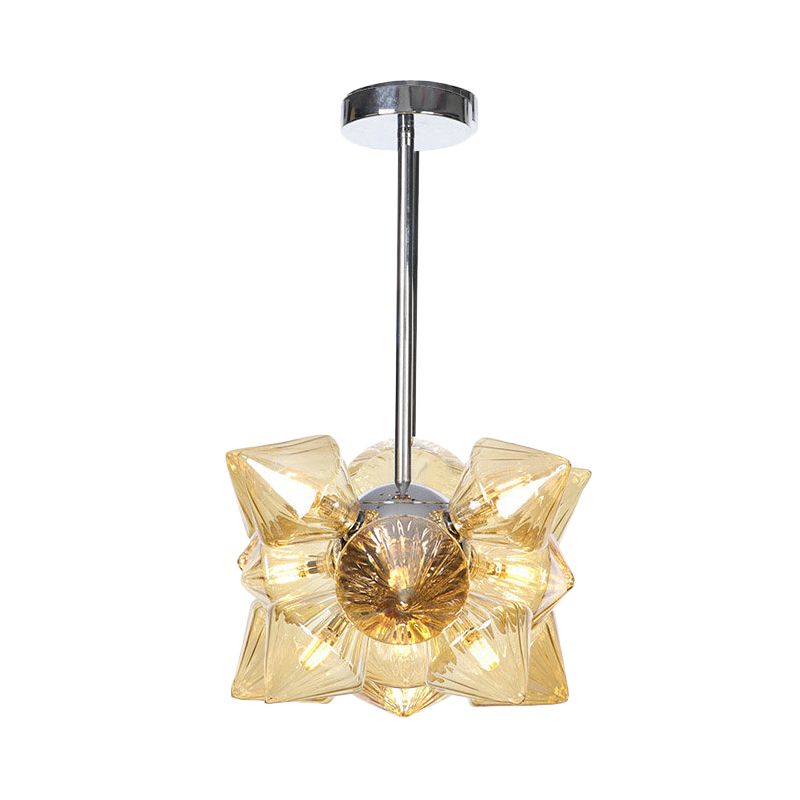 Diamond Hanging Chandelier Modernism Amber Glass 9/12 Heads Ceiling Pendant Light in Chrome