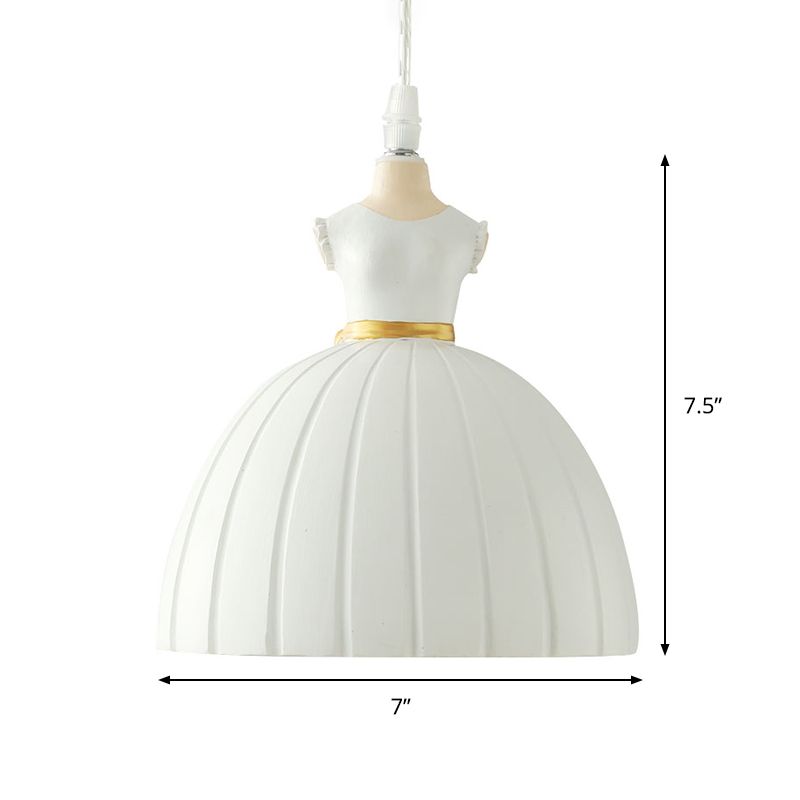 White Doll Dress Pendulum Light Kid 1 Bulb Resin Suspension Lighting for Girls Room