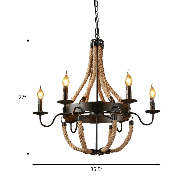 Industrial Candelabra Pendant Chandelier 6 Lights Rope Hanging Ceiling Light in Black with Metal Circle Design