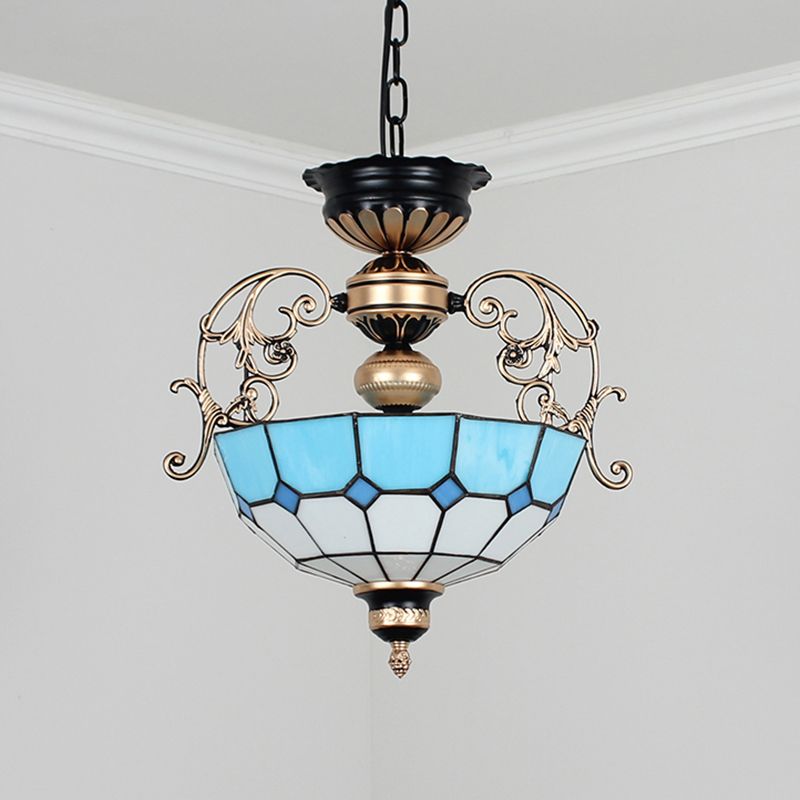 Inverted Dome Chandelier Light 3 Bulbs Gridded Glass Pendant Light Fixture for Entryway