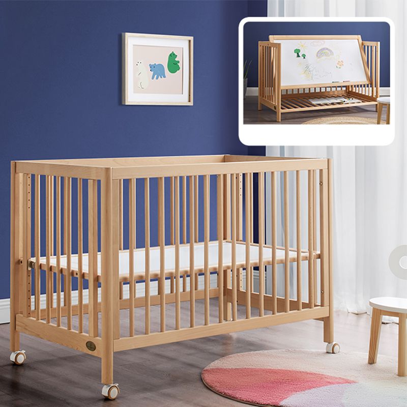 Contemporary Natural Wooden Baby Crib with Wheels and Storage